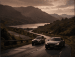 A convoy on a lakeside road at sunset