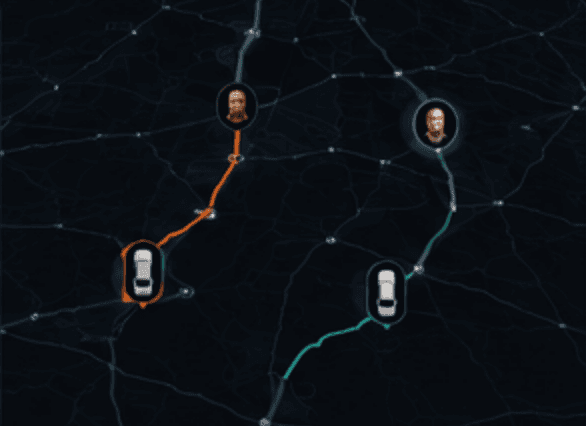 Live convoy map with several cars moving together